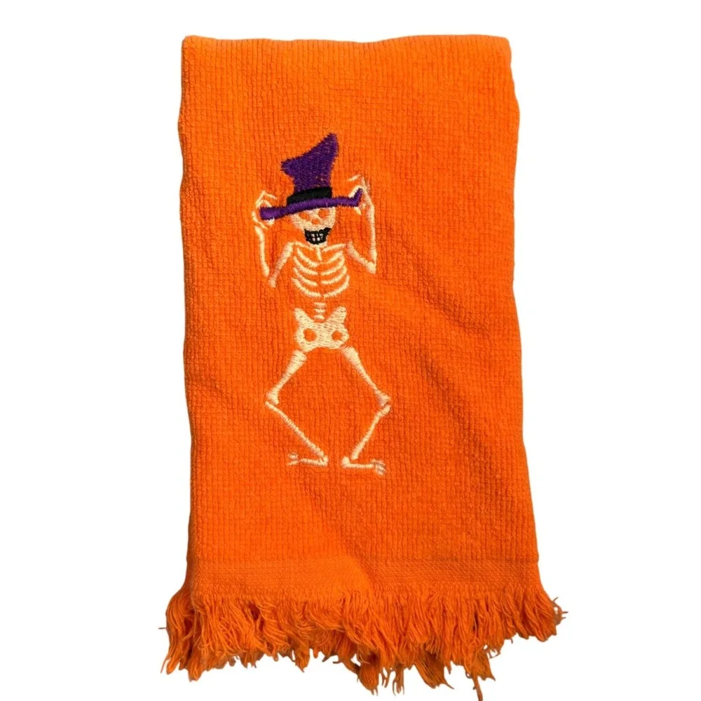 Orange Halloween Hand Towel Embroidered Dancing Skeleton Purple Top Hat Fringe